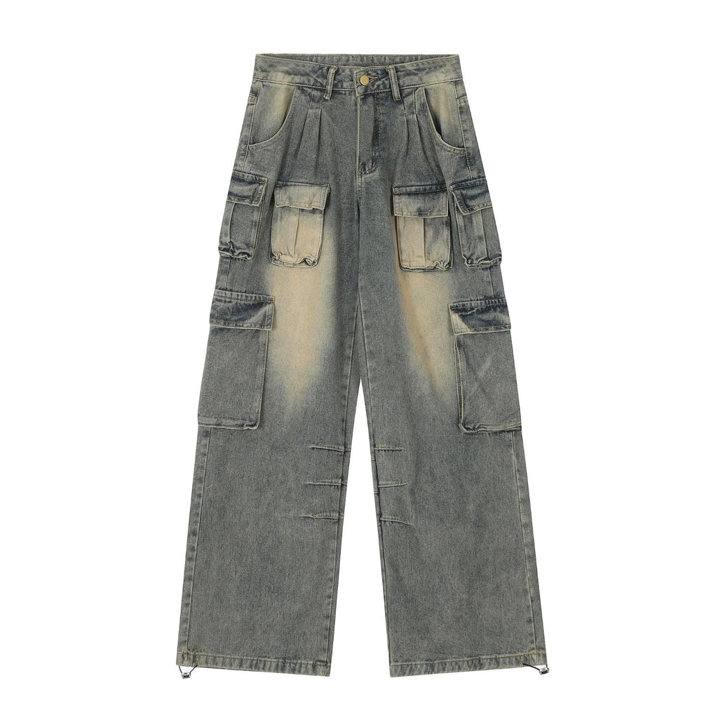 Light blue loose-fit denim jeans with multiple pockets and distressed finish