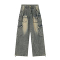 Light blue loose-fit denim jeans with multiple pockets and distressed finish
