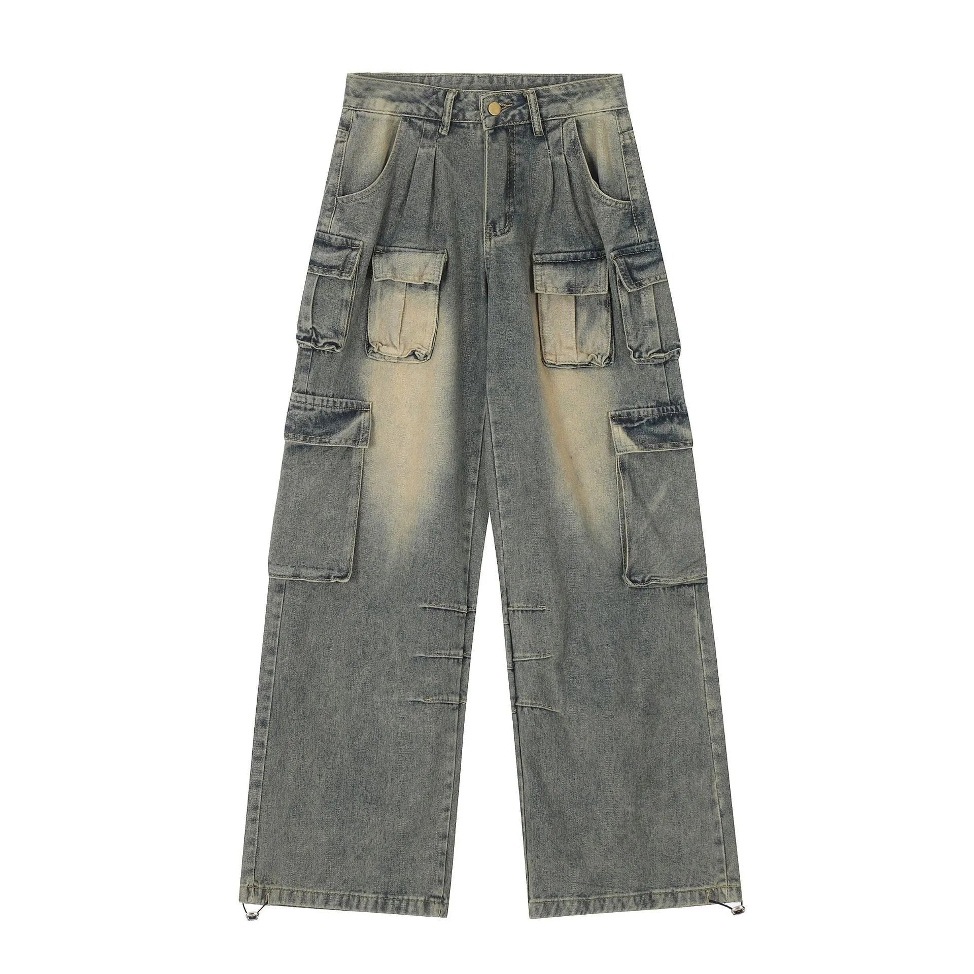 Light blue loose-fit denim jeans with multiple pockets and distressed finish