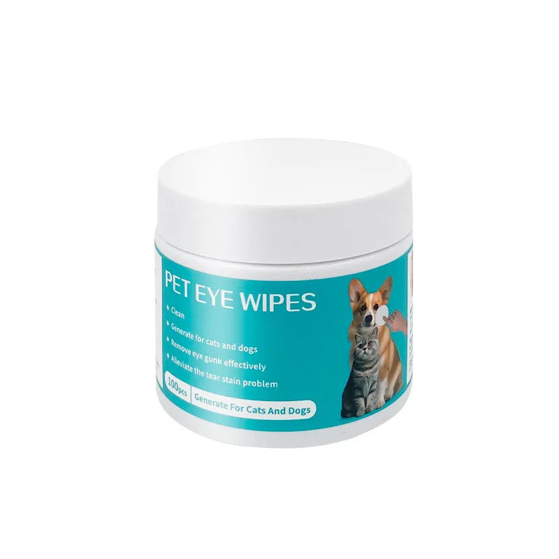 Can of 100 pet eye cleaning wipes made from spunlace non-woven fabric, pre-moistened for general eye cleaning use