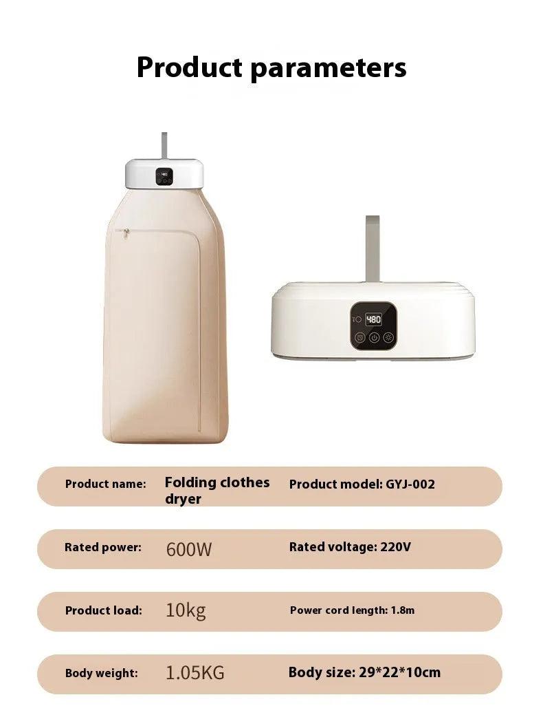 White cylindrical portable mini clothes dryer with remote control on a table.