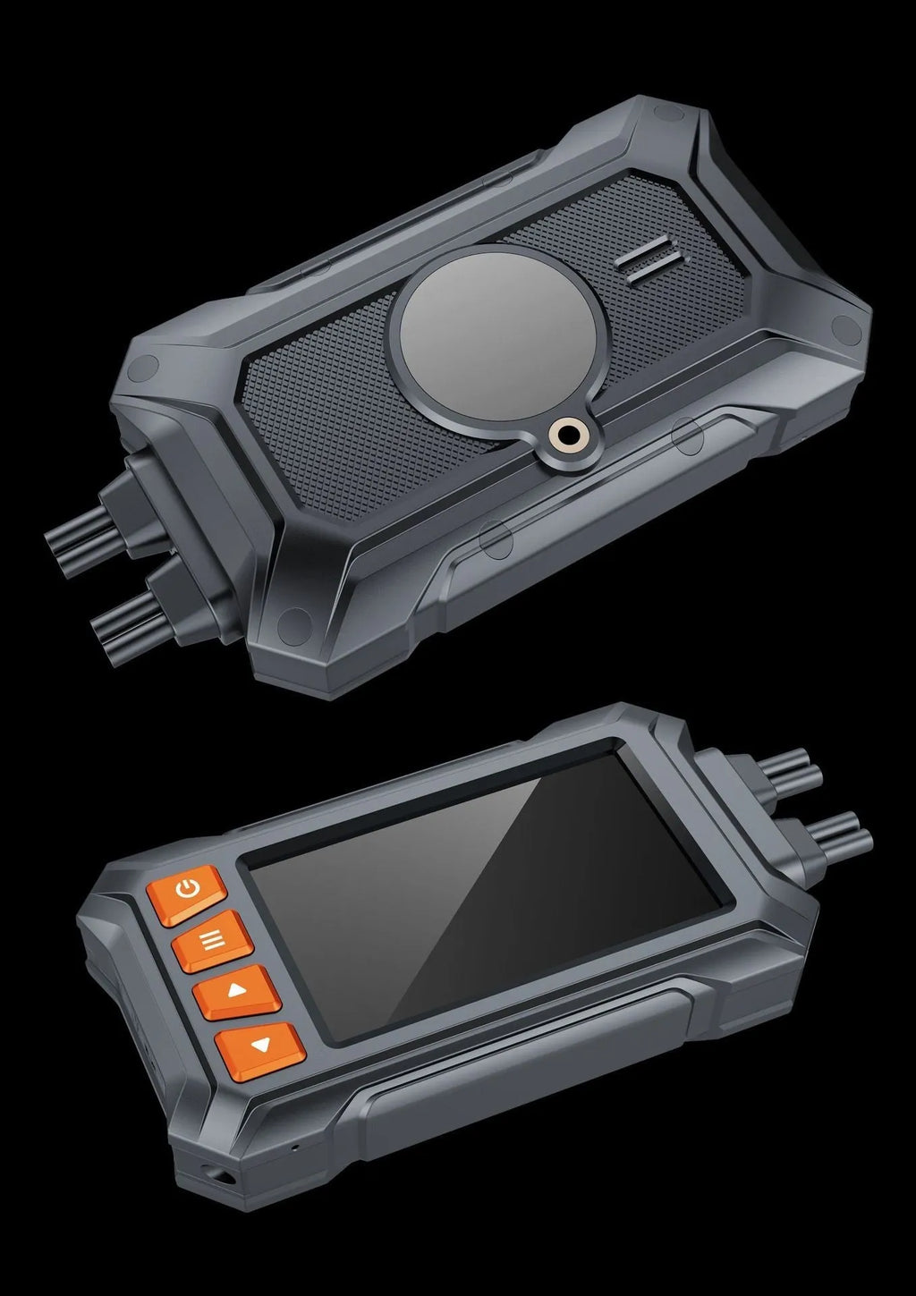 Motorcycle dual lens tachograph with 3-inch display, front and rear cameras, GPS module, and waterproof housing