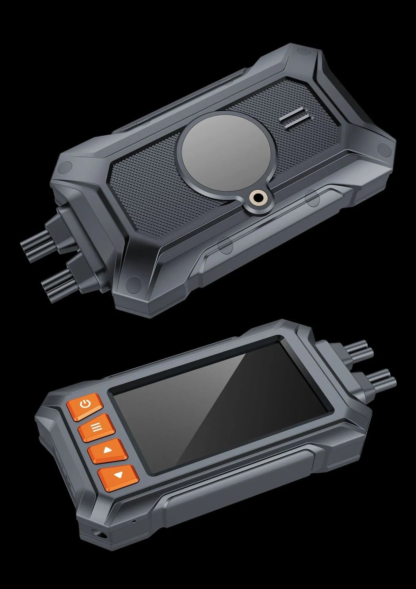 Motorcycle dual lens tachograph with 3-inch display, front and rear cameras, GPS module, and waterproof housing