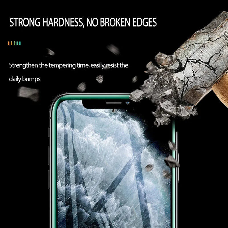 Luminous full cover tempered glass screen protector for iPhone showing glowing edge in dark.