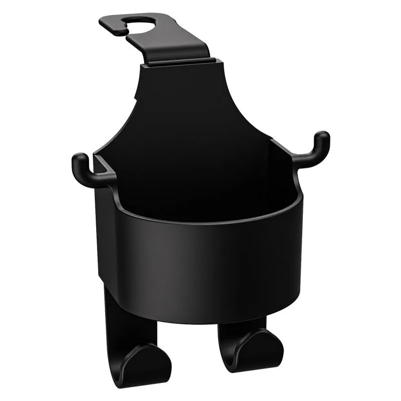 Black plastic car hook seat back organiser with cup holder measuring 8.5x7.1x14.4cm