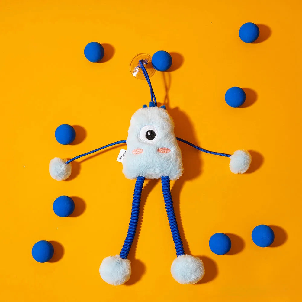 Blue telescopic cat wand toy with plush ring and bell on elastic cord
