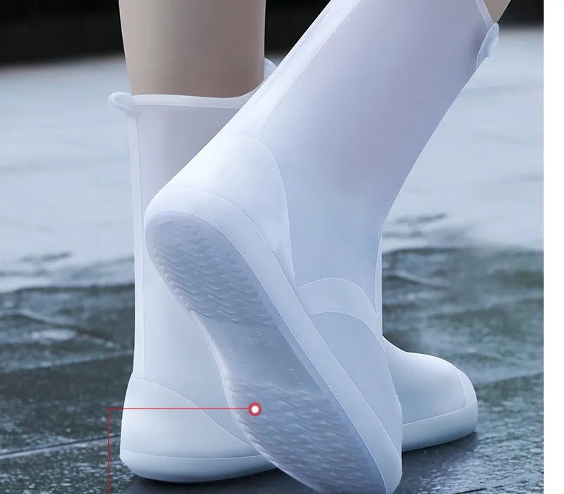 Women's white PVC high top water resistant shoe covers with anti-skid sole