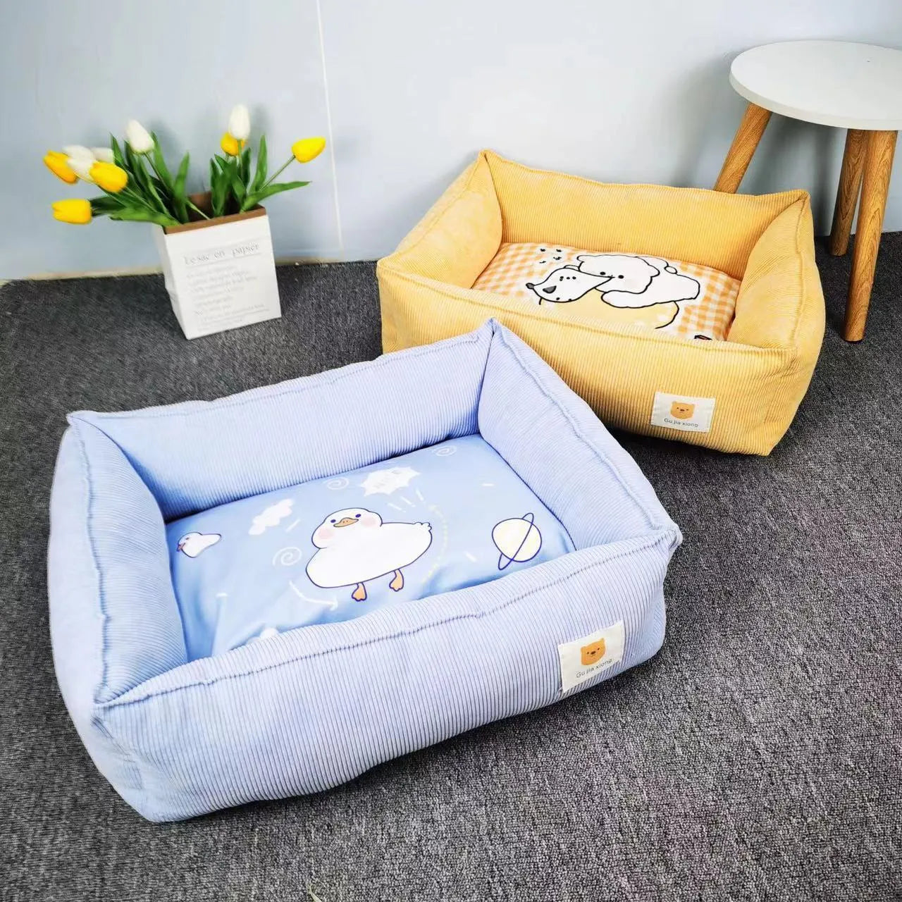Cotton dog winter pet nest in light blue colour showing soft fabric texture and enclosed design