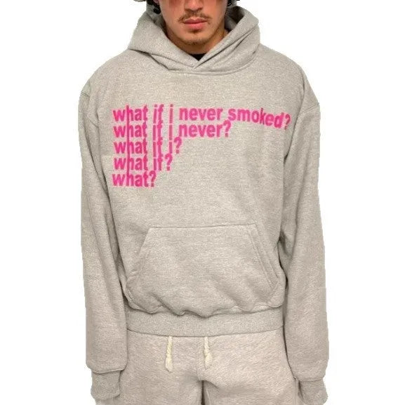 Black hooded sweatshirt with a white letter print graphic on the front.