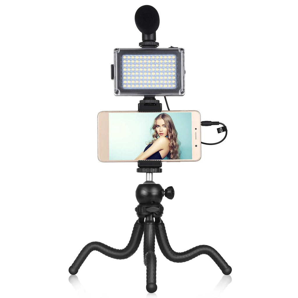 Black Octopus Yripod live broadcast kit with flexible legs, fill light, and microphone for Apple-compatible devices.