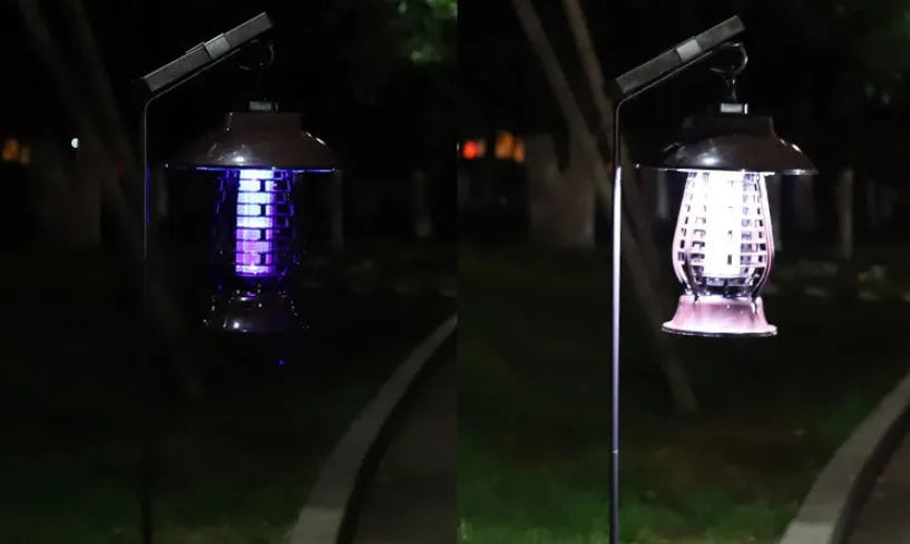 White solar-powered mosquito lamp with purple switch and LED lights for garden insect control