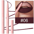 Set of 12 velvet matte lip liner pencils in different colours displayed on a white surface.