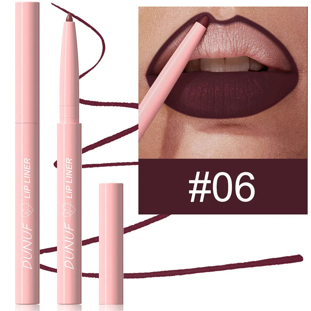 Set of 12 velvet matte lip liner pencils in different colours displayed on a white surface.