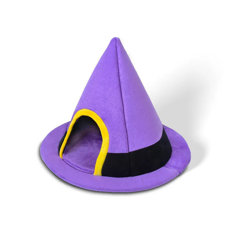 Purple Halloween witch hat shaped cat bed measuring 60 by 45 centimetres