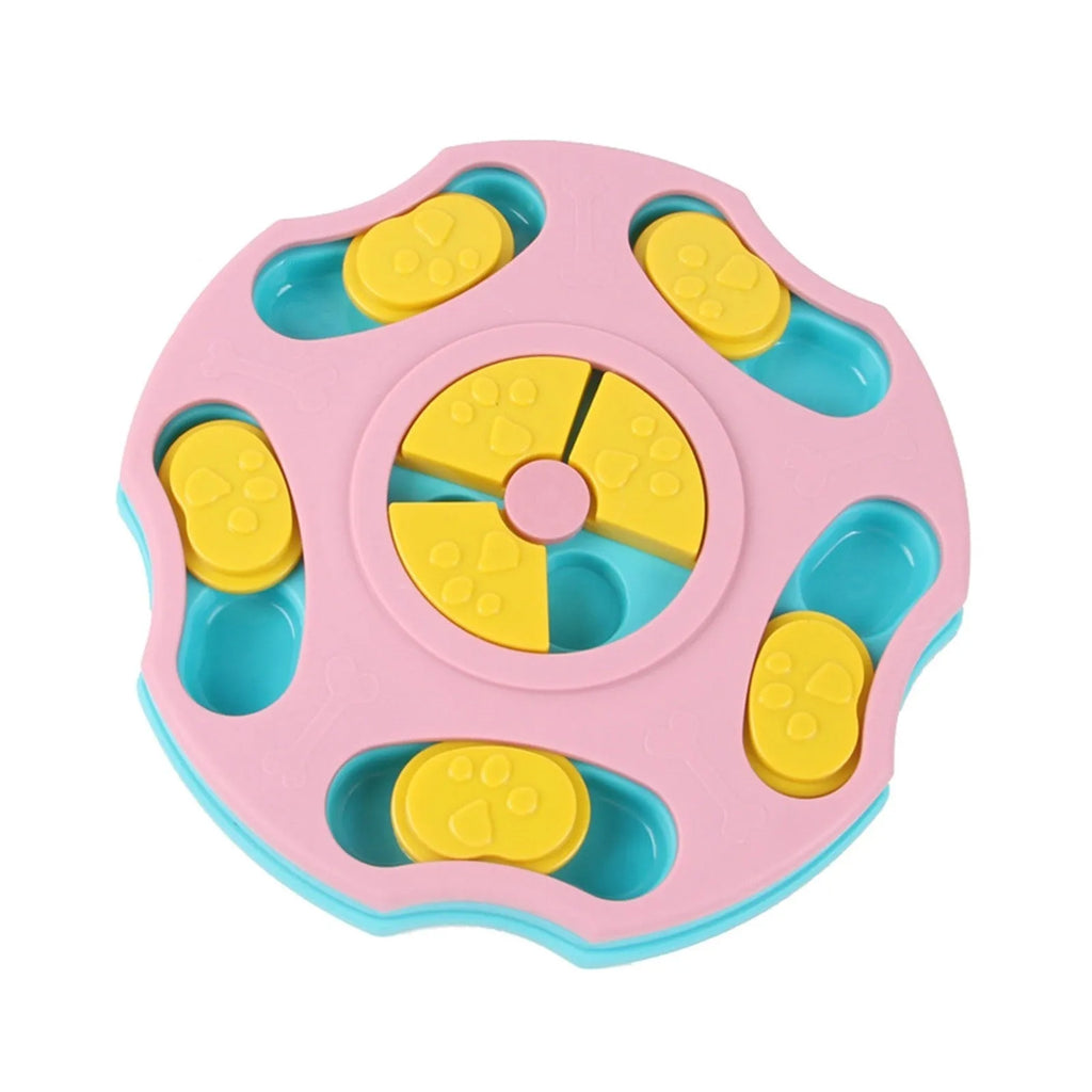 Blue and pink dog puzzle toy feeding bowl for aggressive chewers with treat compartments