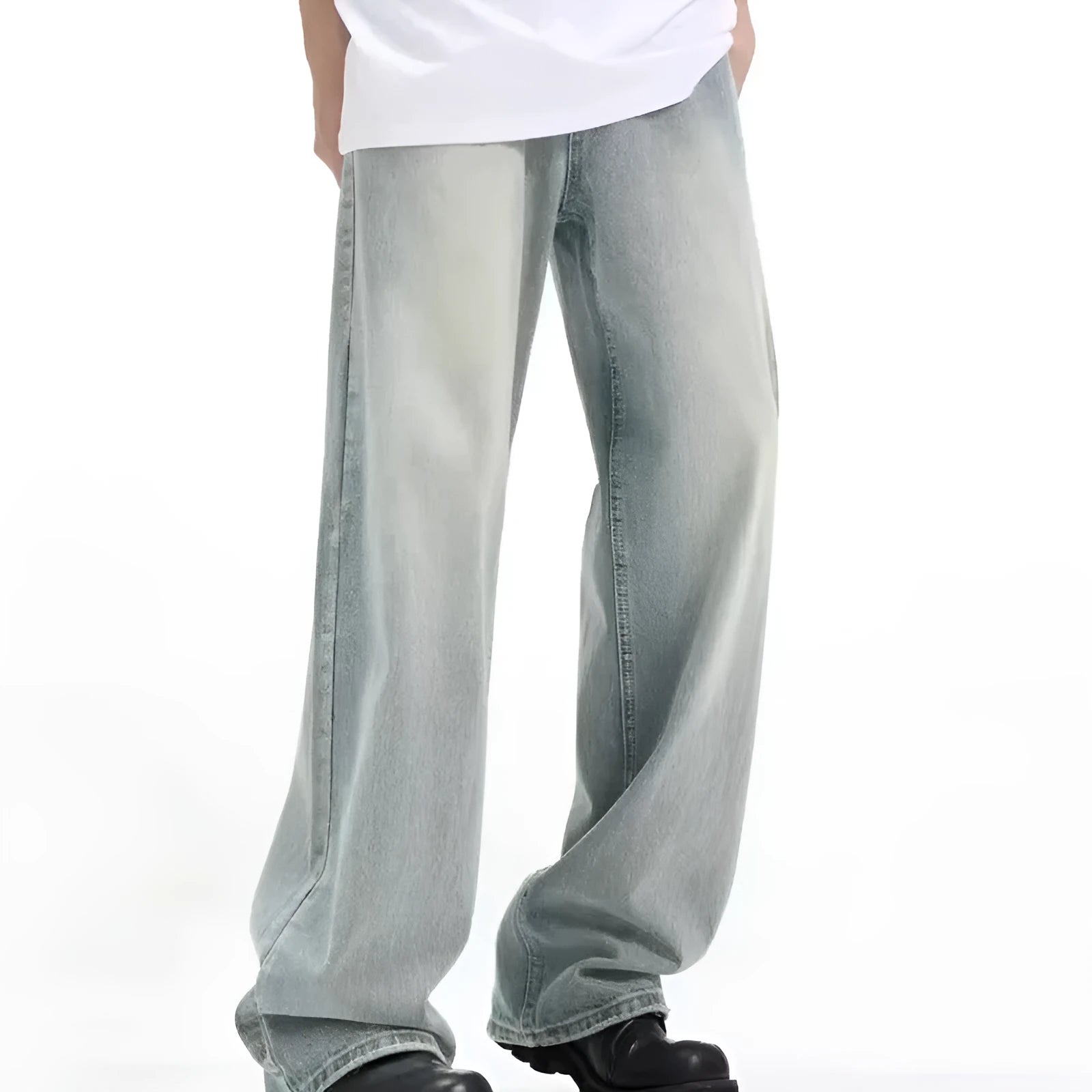 Blue retro trousers with rabbit fur fabric and loose fit design on hanger