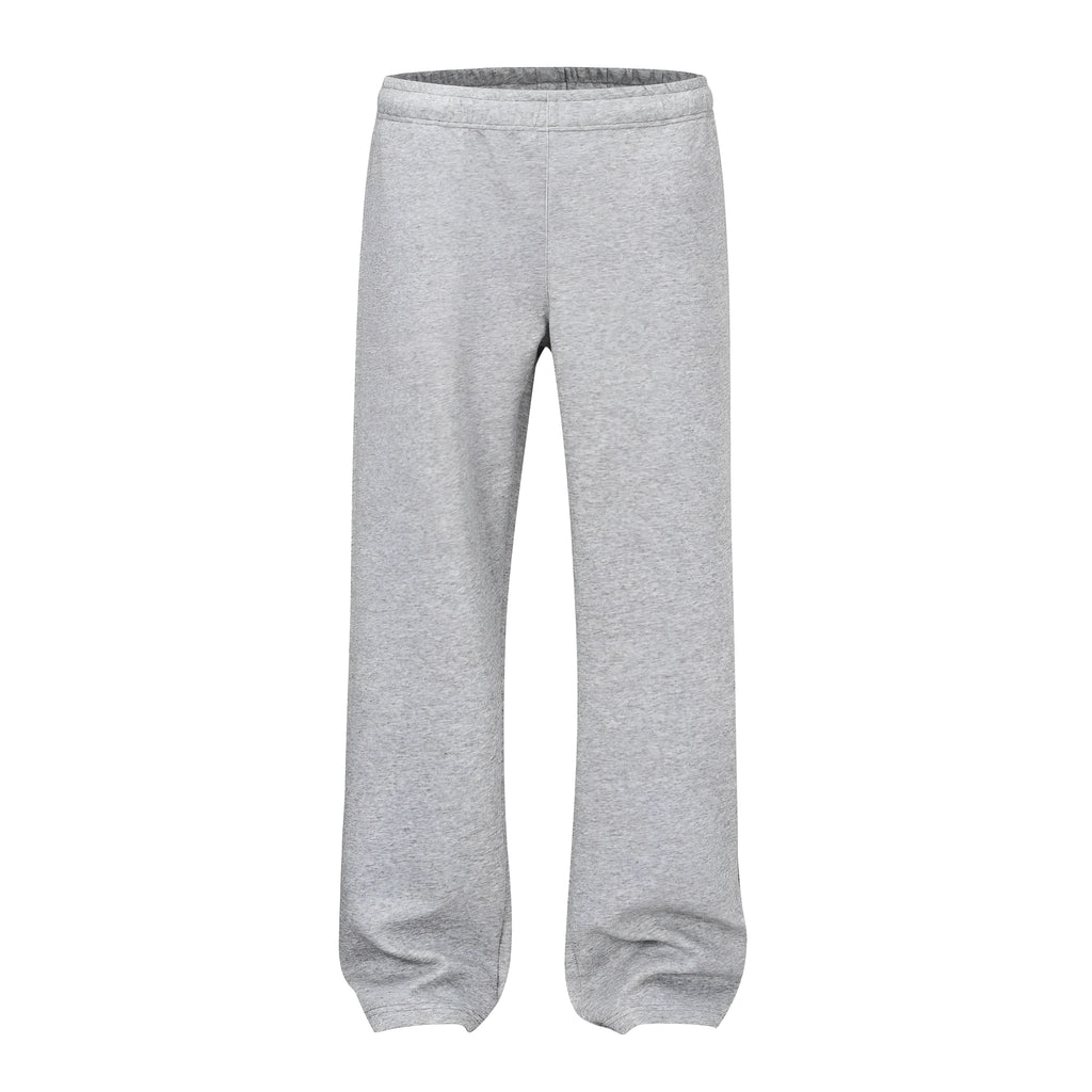 Men's straight-leg cotton casual trousers in grey and black, laid flat showing mid-rise waist and straight leg cut.
