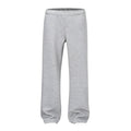 Men's straight-leg cotton casual trousers in grey and black, laid flat showing mid-rise waist and straight leg cut.