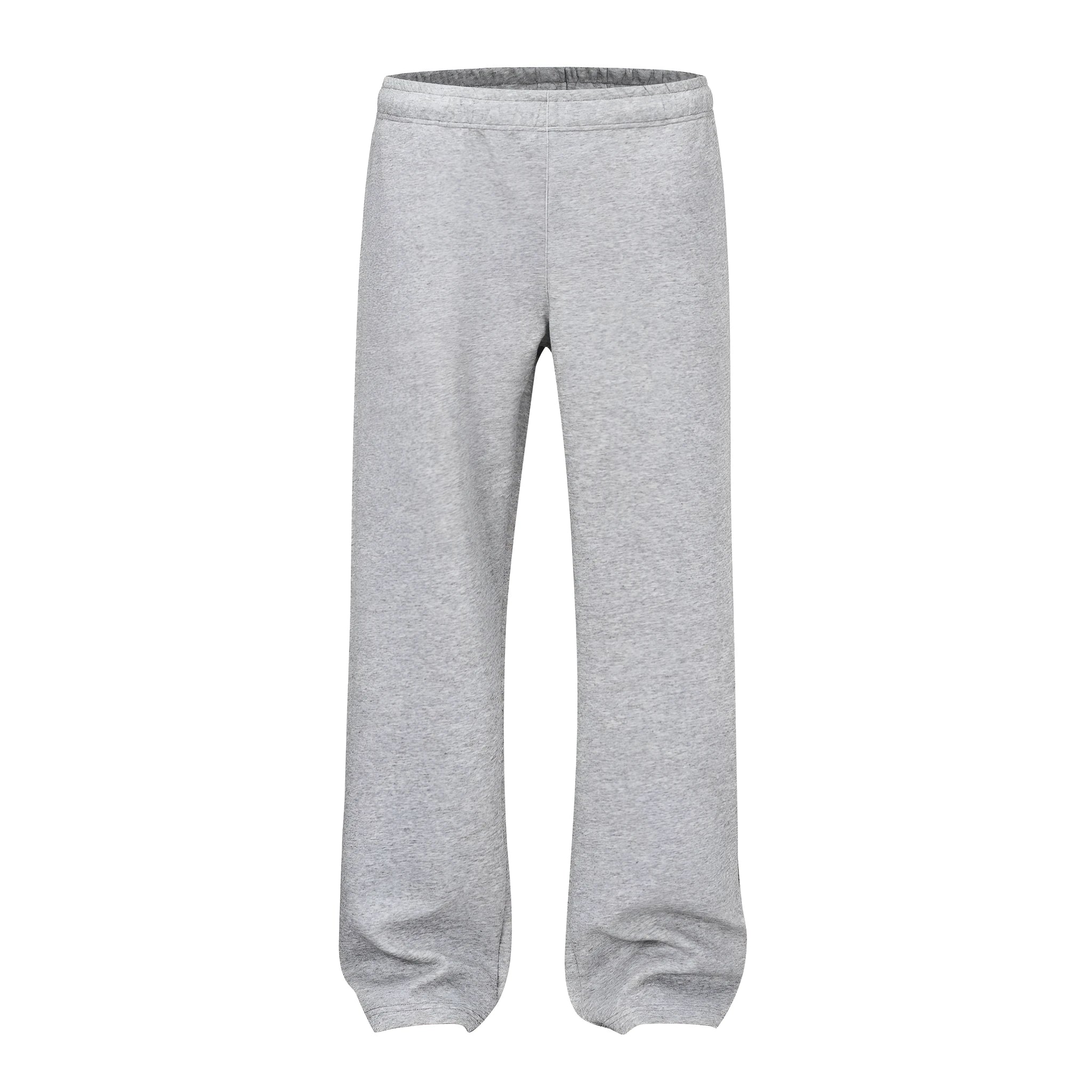 Men's straight-leg cotton casual trousers in grey and black, laid flat showing mid-rise waist and straight leg cut.
