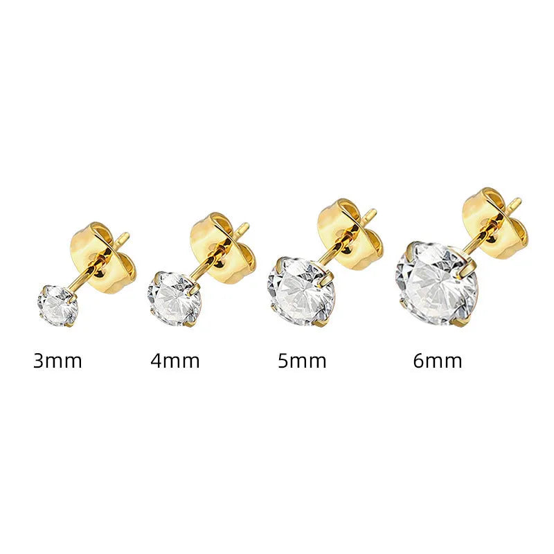 Geometric zircon stud earrings in stainless steel with electroplated finishes