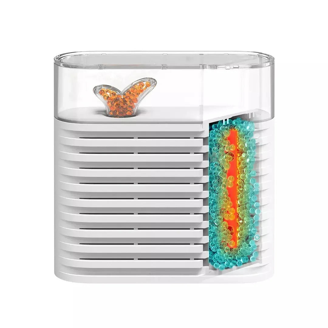 White reusable cabinet dehumidifier box with transparent leaf-design top showing colour-changing silica gel beads inside.
