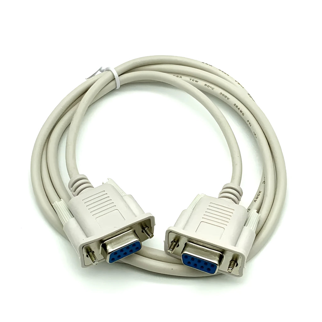 Milky white female-to-female RS232 serial cable with DB9 connectors showing 1.5 metre length