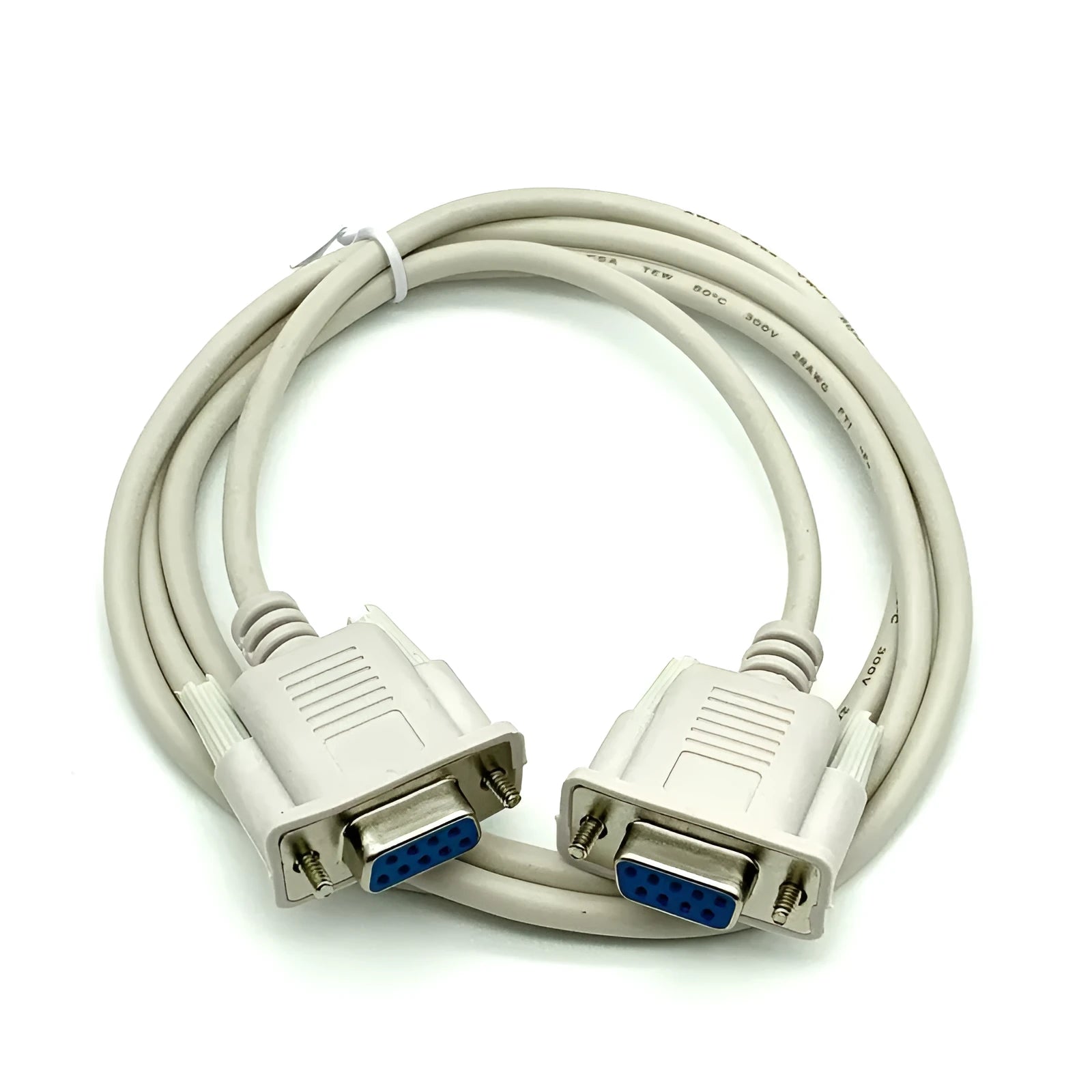 Milky white female-to-female RS232 serial cable with DB9 connectors showing 1.5 metre length