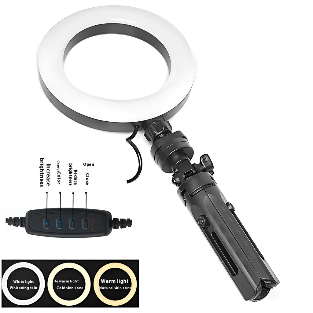 Black mobile live streaming bracket with adjustable fill light mounted on desktop tripod for smartphones