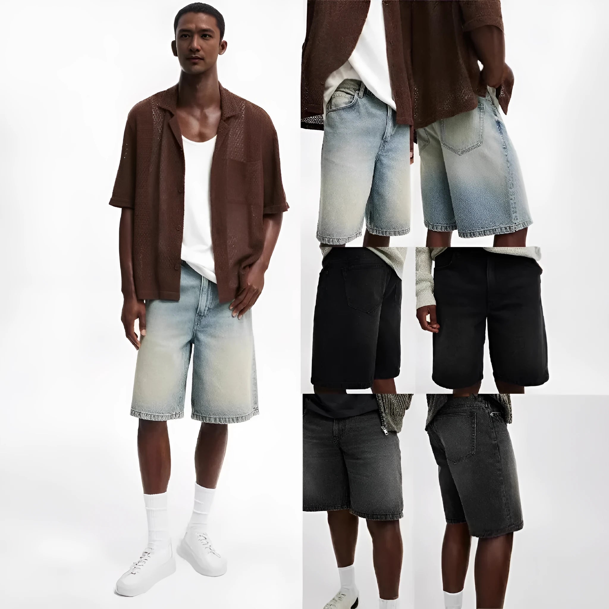 Men's loose fit light blue straight leg cotton jeans on a neutral background