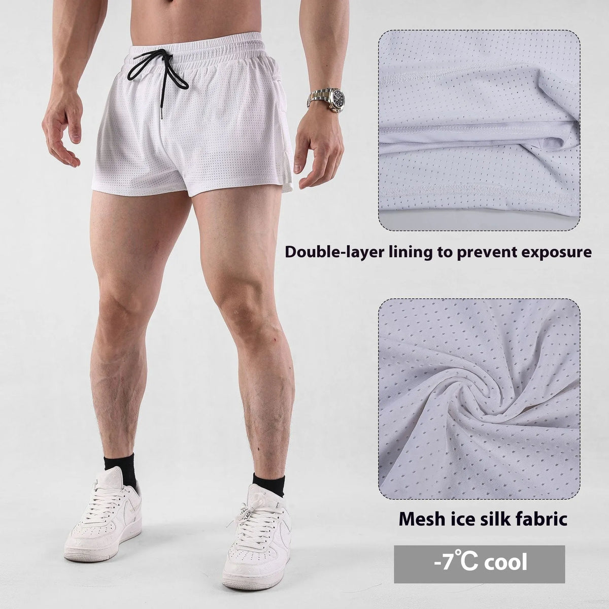 Men's quick-dry nylon shorts in black, shown on a model for summer sports leisure wear.