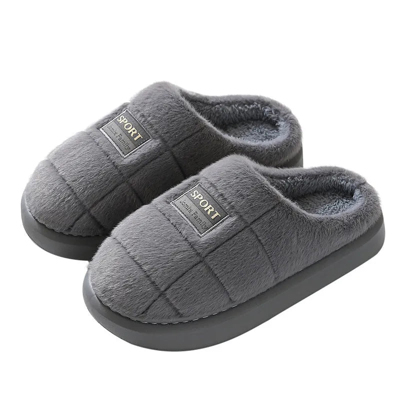 Men's plaid pattern slippers with thick sole and artificial wool lining in grey and brown colour options