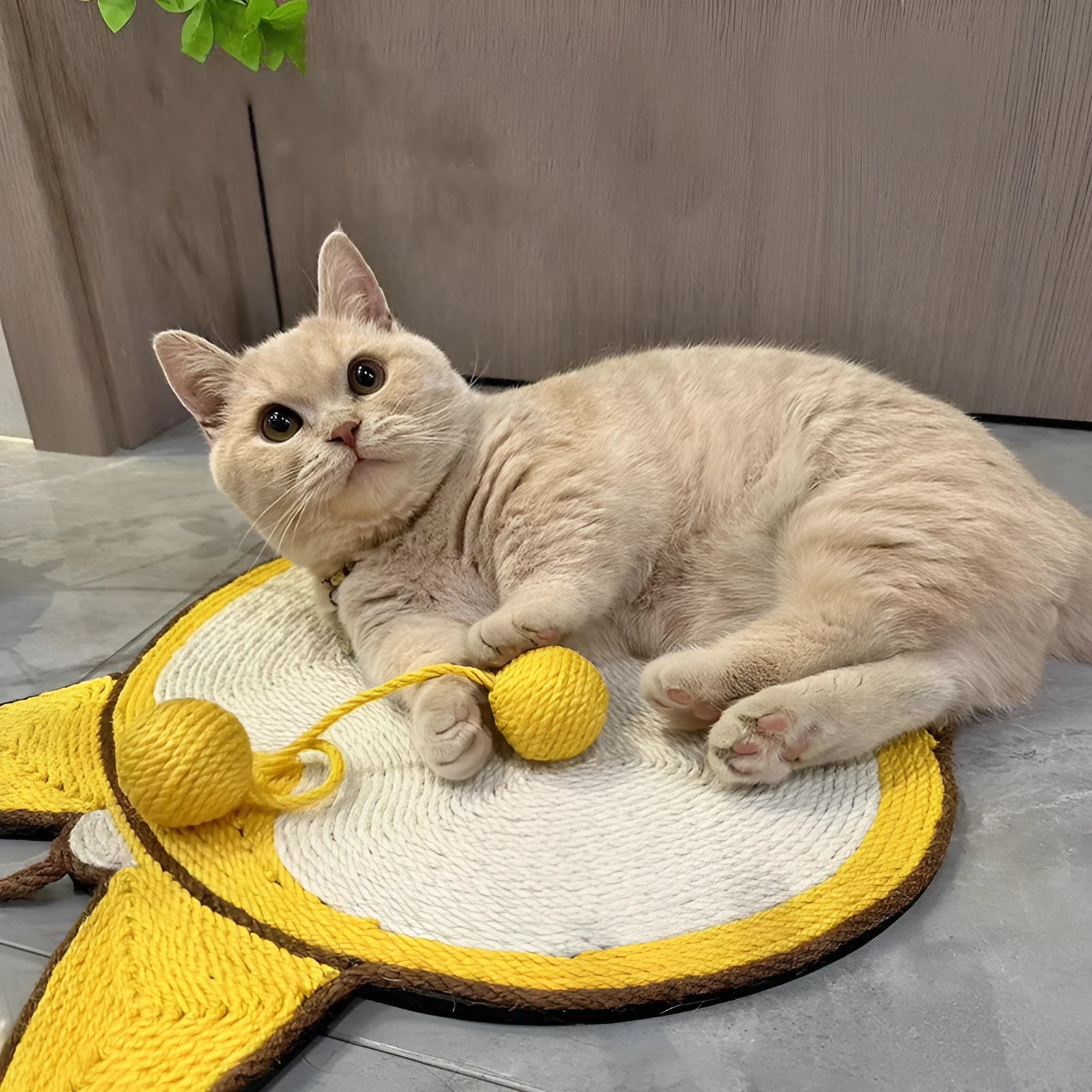 Yellow Corgi-butt design sisal cat scratching board with adhesive hooks on a white background