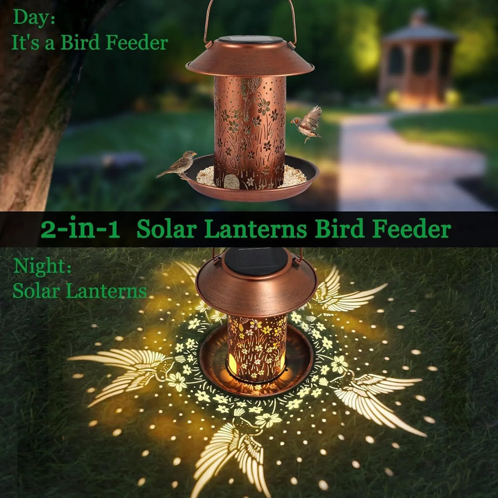 Solar-powered iron art garden lamp and bird feeder with hummingbird pattern design.
