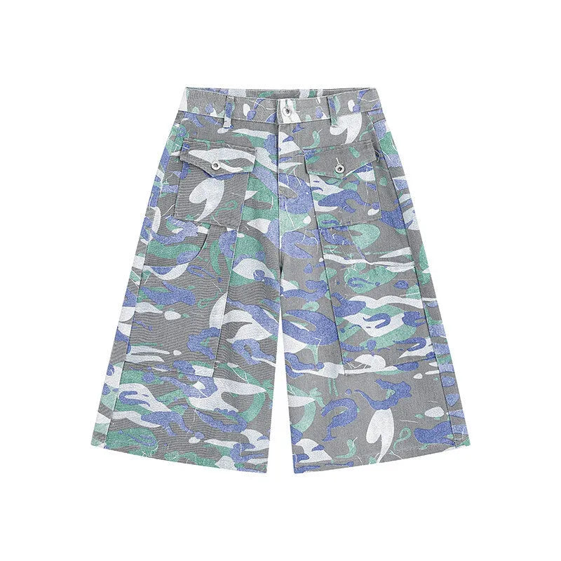 Camouflage colour cotton denim cropped work trousers with patch pockets and straight leg cut
