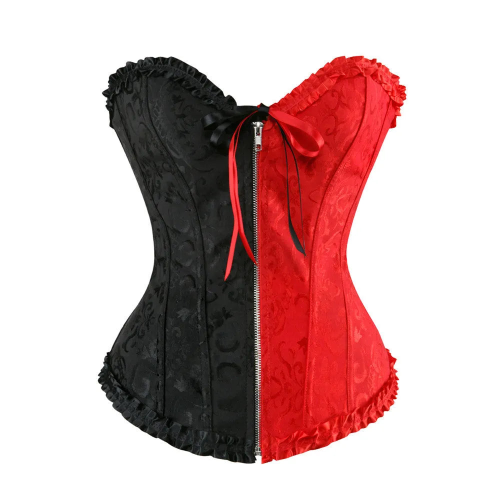 A women's black spandex waist trainer corset with a front silver zipper closure.