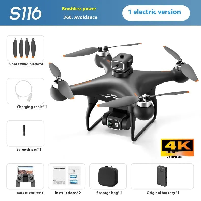 Black plastic UAV drone with four propellers and camera, remote control transmitter beside it