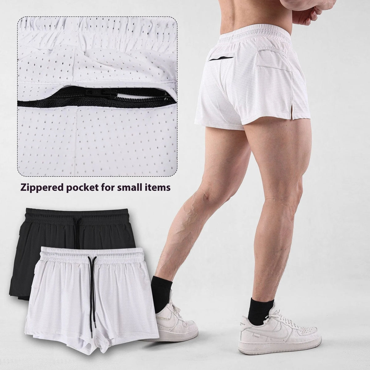 Men's quick-dry nylon shorts in black, shown on a model for summer sports leisure wear.