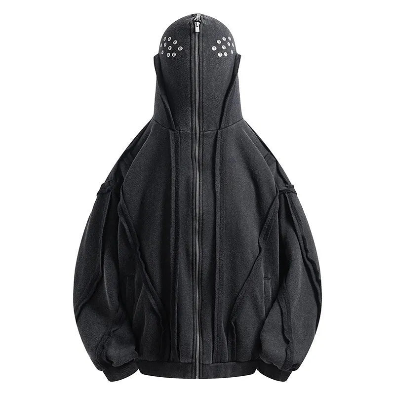 Black men's cotton hooded cardigan coat with abstract pattern and zip front.