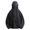 Black men's cotton hooded cardigan coat with abstract pattern and zip front.