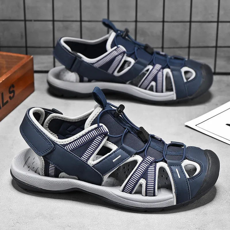 Men's blue summer casual sports shoes with Velcro strap and mesh upper.