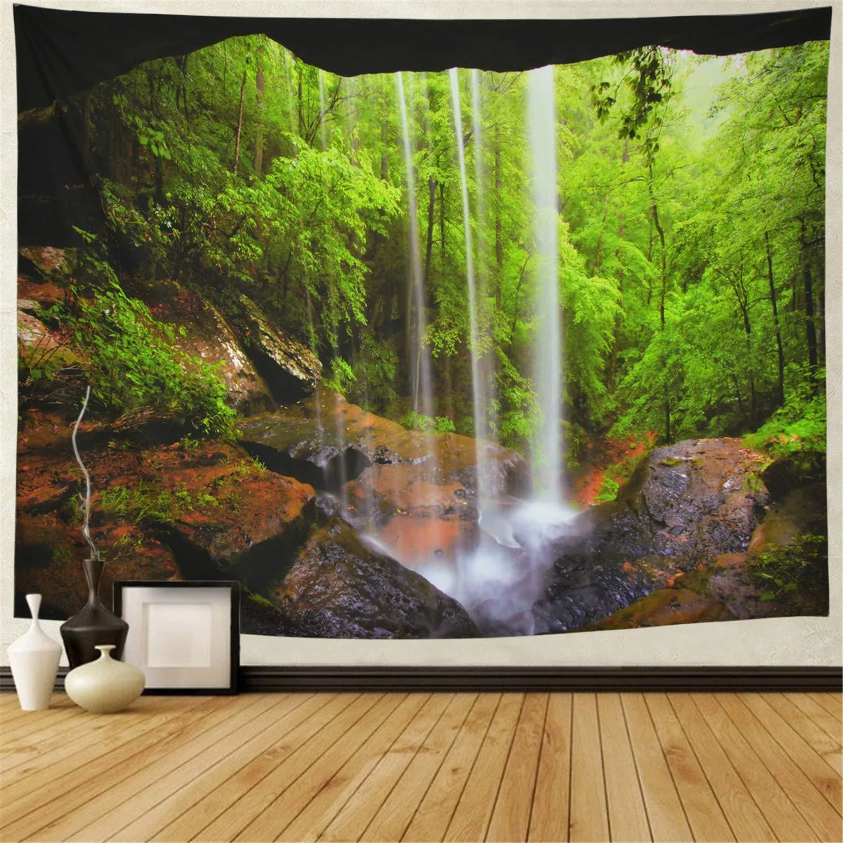 Large bohemian mandala pattern tapestry hanging on a wall, showcasing its use as decorative forest-themed wall art.
