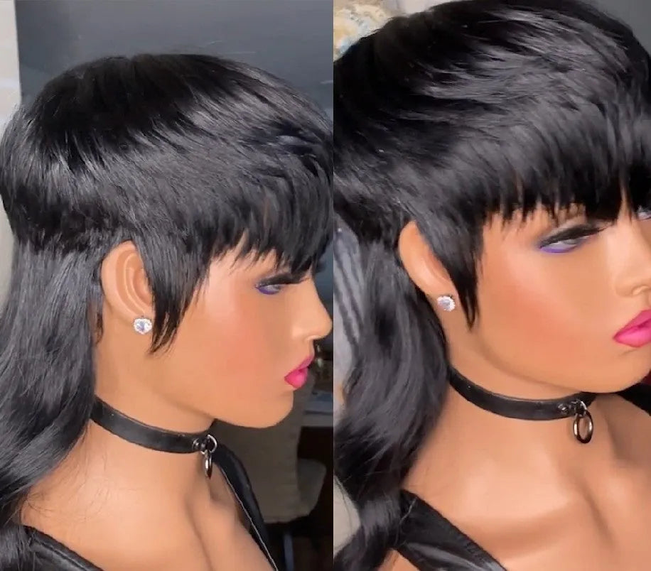 Black Brazilian wig with long hair, front bangs, and a short-back-long cut made from high-temperature fibre.