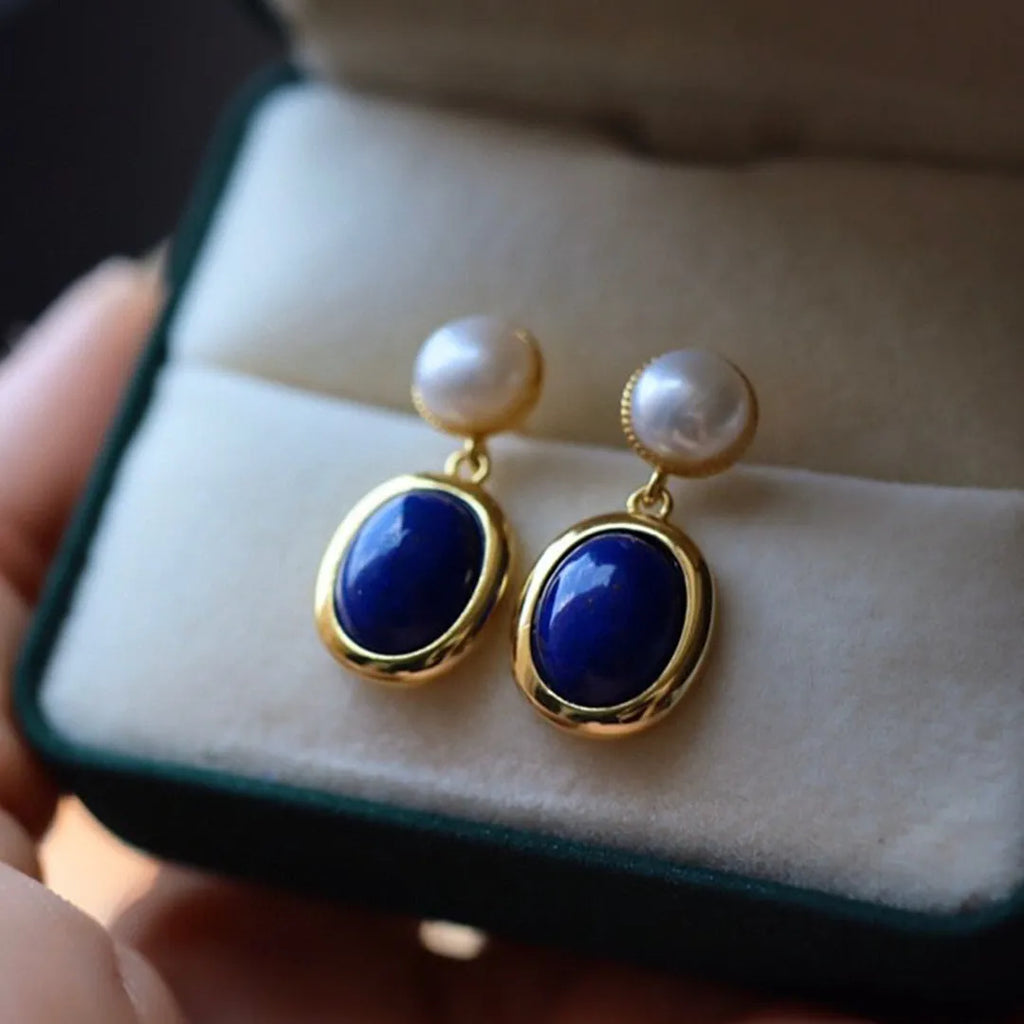 925 silver drop earrings with natural lapis lazuli pearls and auspicious patterned studs