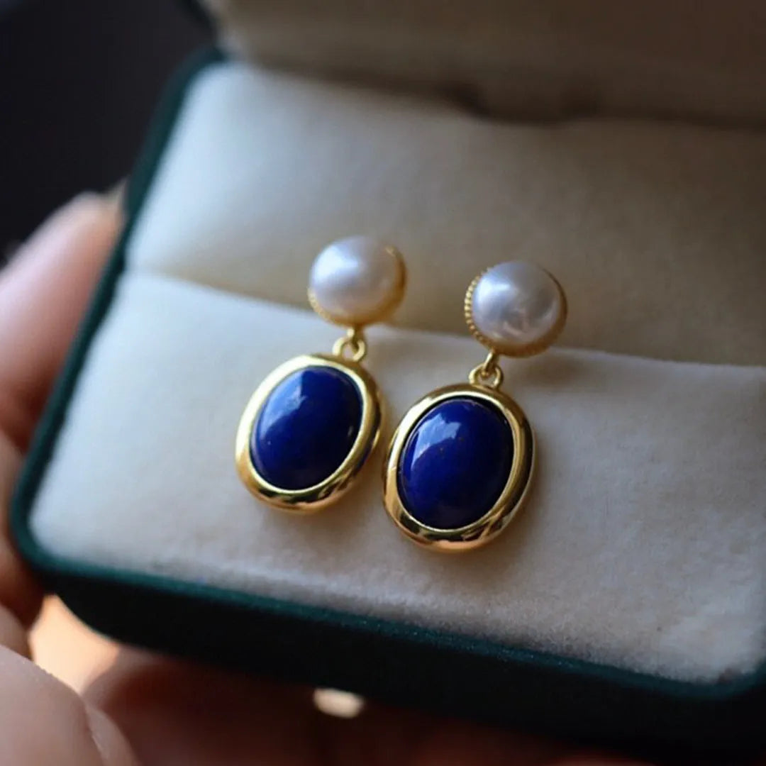 925 silver drop earrings with natural lapis lazuli pearls and auspicious patterned studs