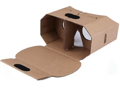 White cardboard virtual reality glasses headset for smartphones with 3D lens viewing.