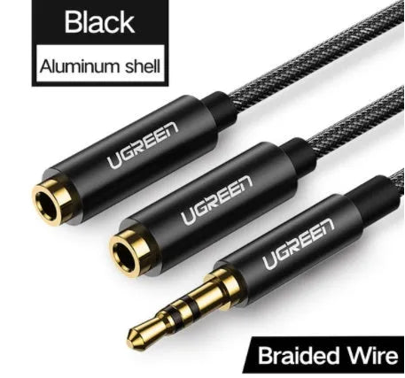 20cm black earphone cable with gold-plated 3.5mm connectors beside grey and white colour options