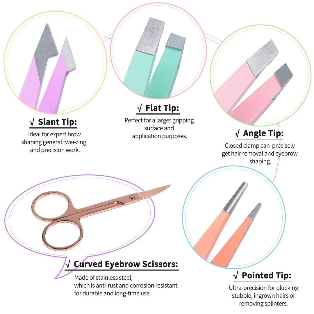 Six-piece professional eyebrow tweezers set with stainless steel tools and leather case