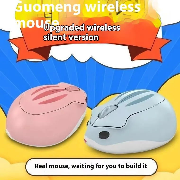 Hamster wireless mute mouse in grey, pink, and yellow colours showing compact Bluetooth design