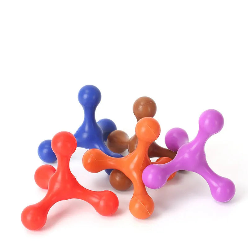 Three-legged blue silicone chew toy for puppies on a white background
