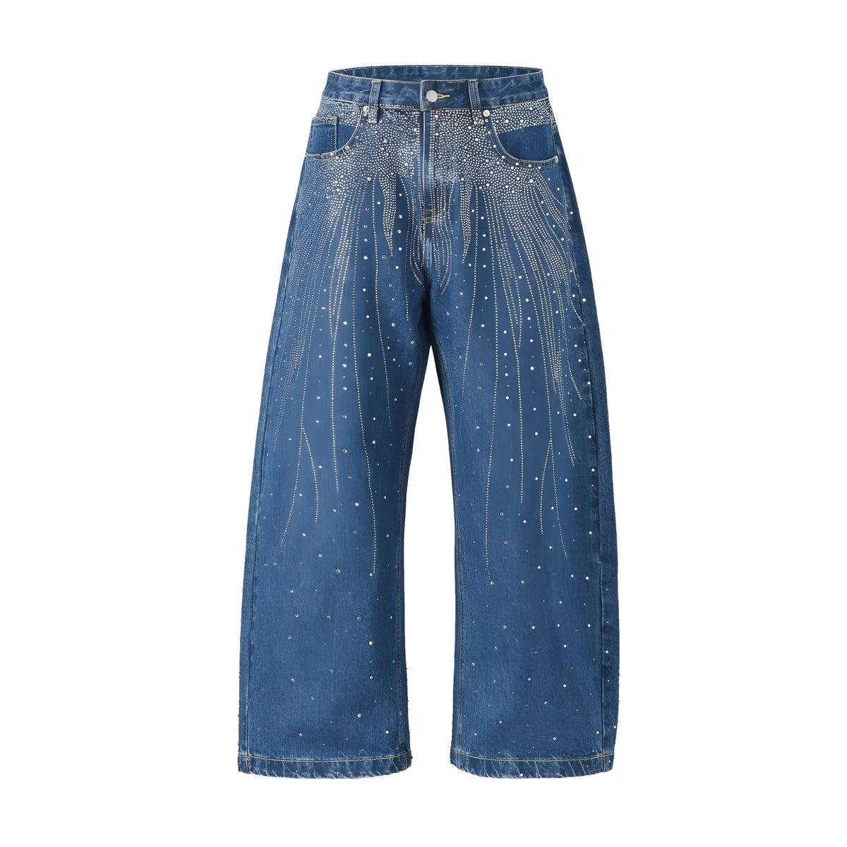 Blue loose-fitting wide-leg cotton trousers showing pullover design and European sizing for teenage casual wear